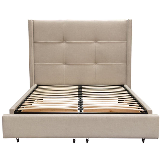 Beverly Queen Bed with Integrated Footboard Storage Unit & Accent Wings in Sand Fabric