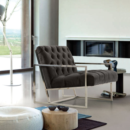 Luxe Accent Chair in Dusk Grey Tufted Velvet Fabric with Polished Stainless Steel Frame