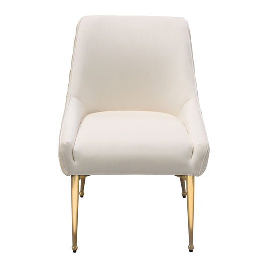Set of (2) Quinn Dining Chairs w/ Vertical Outside Pleat Detail and Contoured Arm in Cream Velvet w/ Brushed Gold Metal Leg