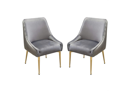 Set of (2) Quinn Dining Chairs w/ Vertical Outside Pleat Detail and Contoured Arm in Grey Velvet w/ Brushed Gold Metal Leg by Diamond Sofa
