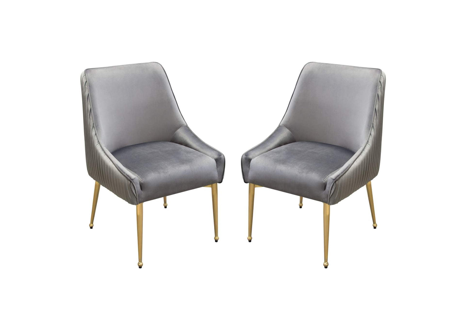 Set of (2) Quinn Dining Chairs w/ Vertical Outside Pleat Detail and Contoured Arm in Grey Velvet w/ Brushed Gold Metal Leg