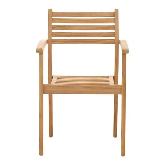 Wooden chair with slatted design on a white background