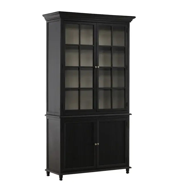 Black display cabinet with glass doors on a white background