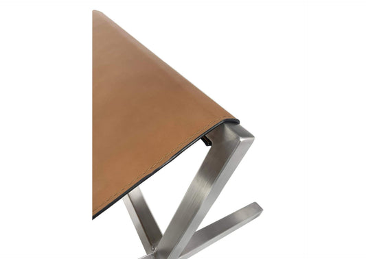 JVHH65 One Modern Coastal Director'S Style Leather Dining Bench In Cognac And Brushed Stainless Steel
