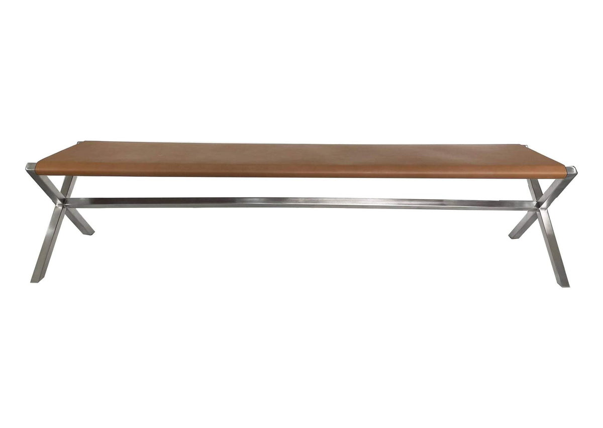 JVHH65 One Modern Coastal Director'S Style Leather Dining Bench In Cognac And Brushed Stainless Steel