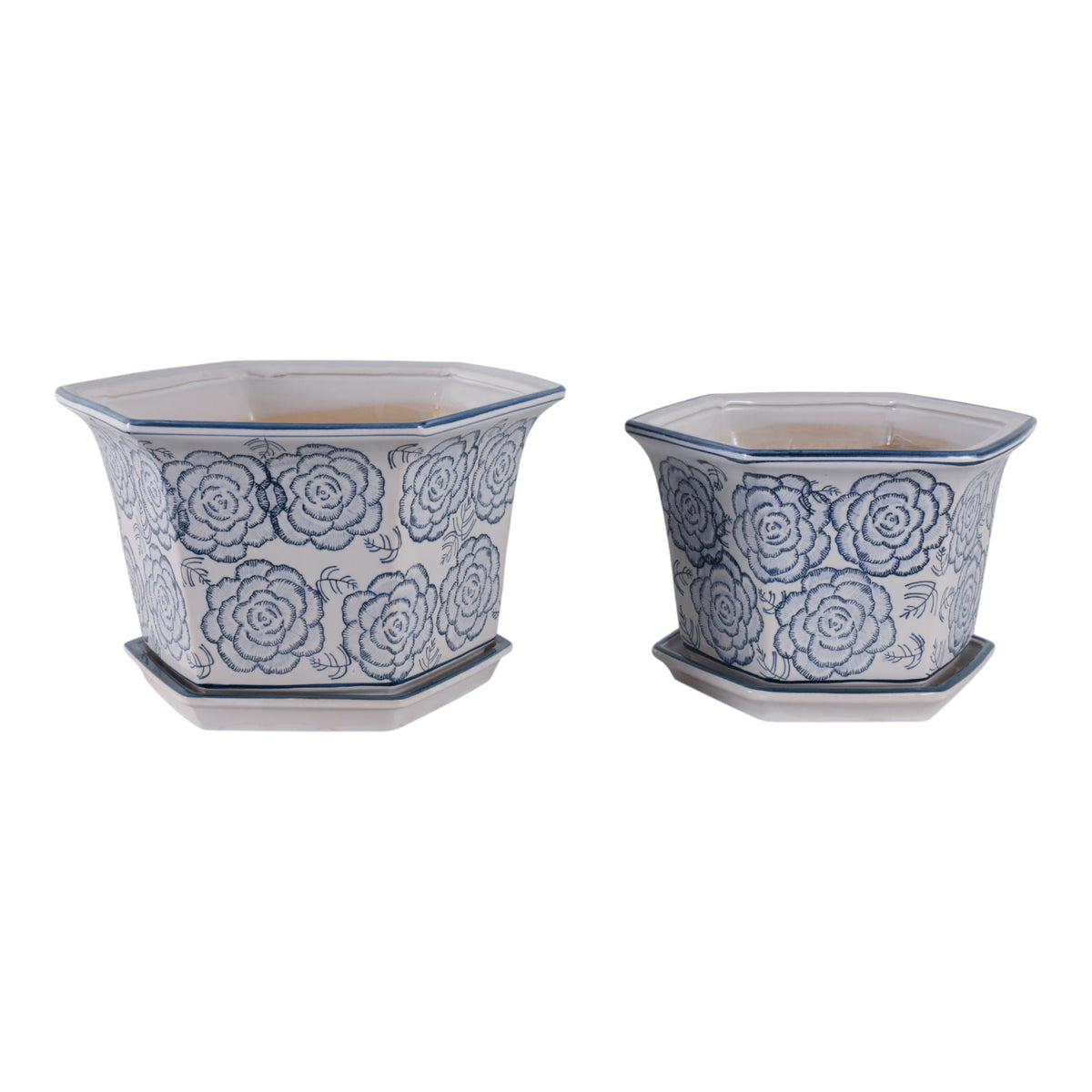 10" / 12" Chinoiserie Saucer Planter (Set of 2) - White / Light Blue
