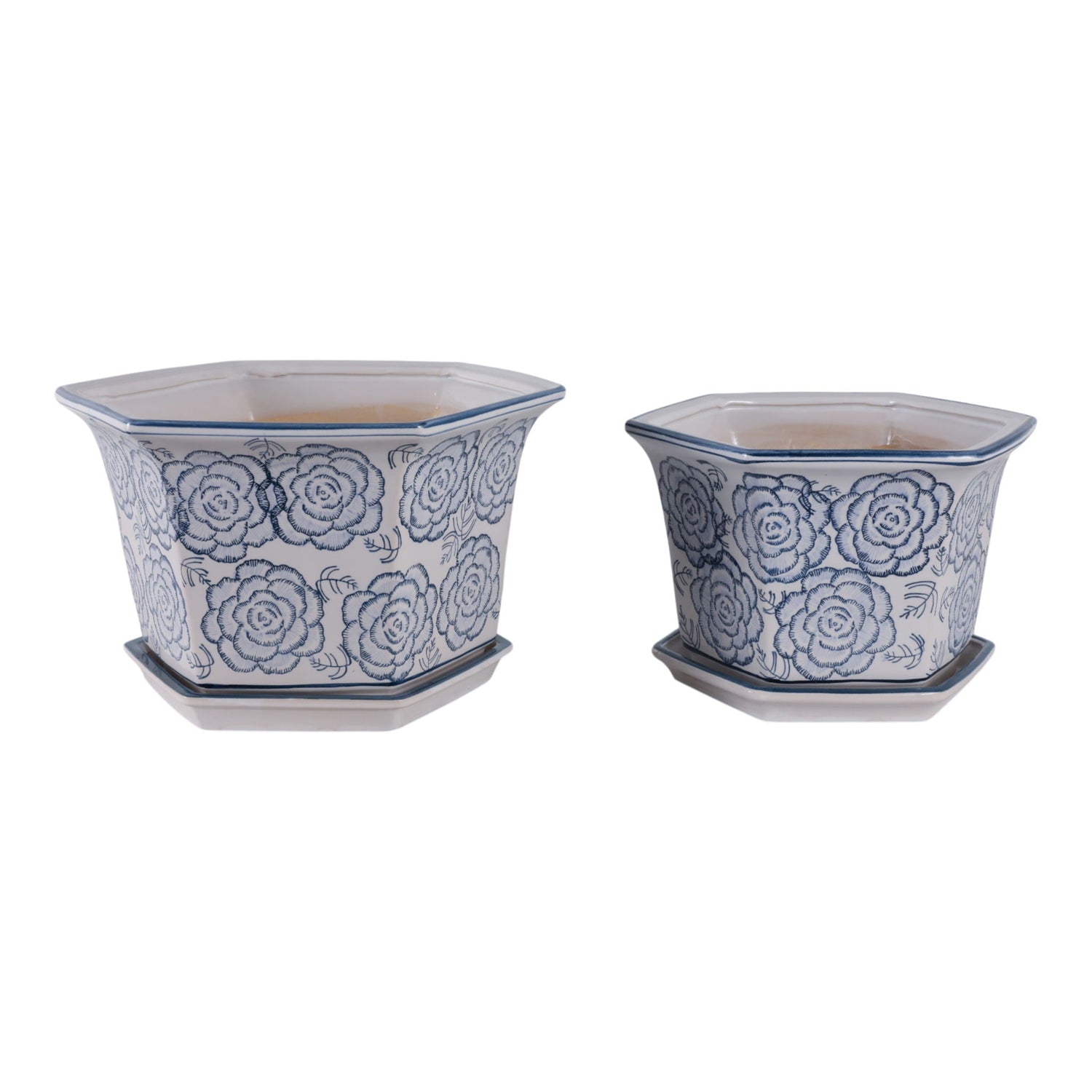 10" / 12" Chinoiserie Saucer Planter (Set of 2) - White / Light Blue
