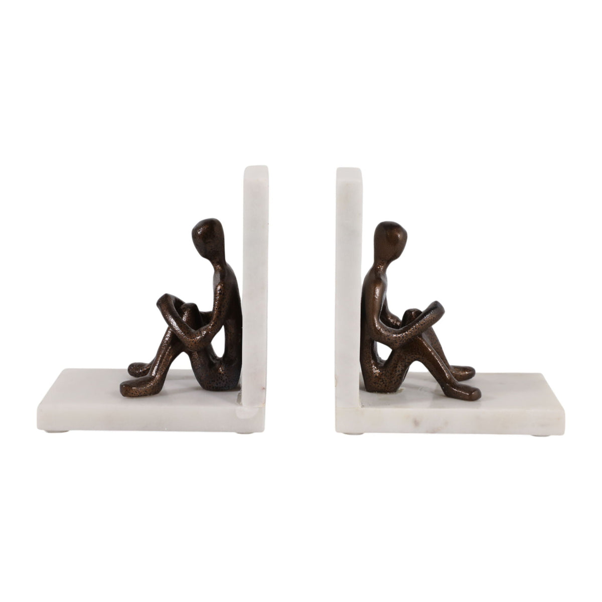 8" Man Reading On Marble Bookends (Set of 2) - White / Gold