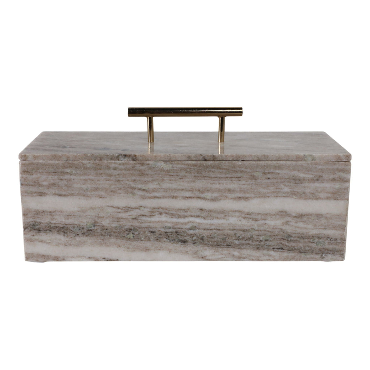 16" x 7" Marble Rectangular Box With Handle - Beige / Gold
