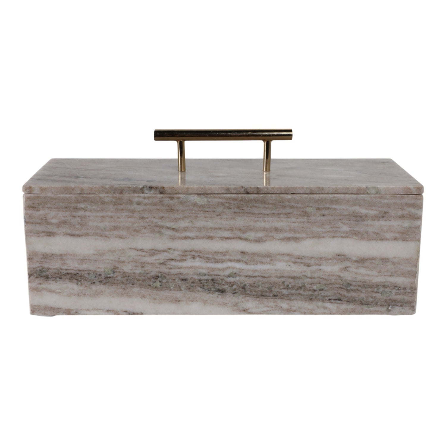 16" x 7" Marble Rectangular Box With Handle - Beige / Gold
