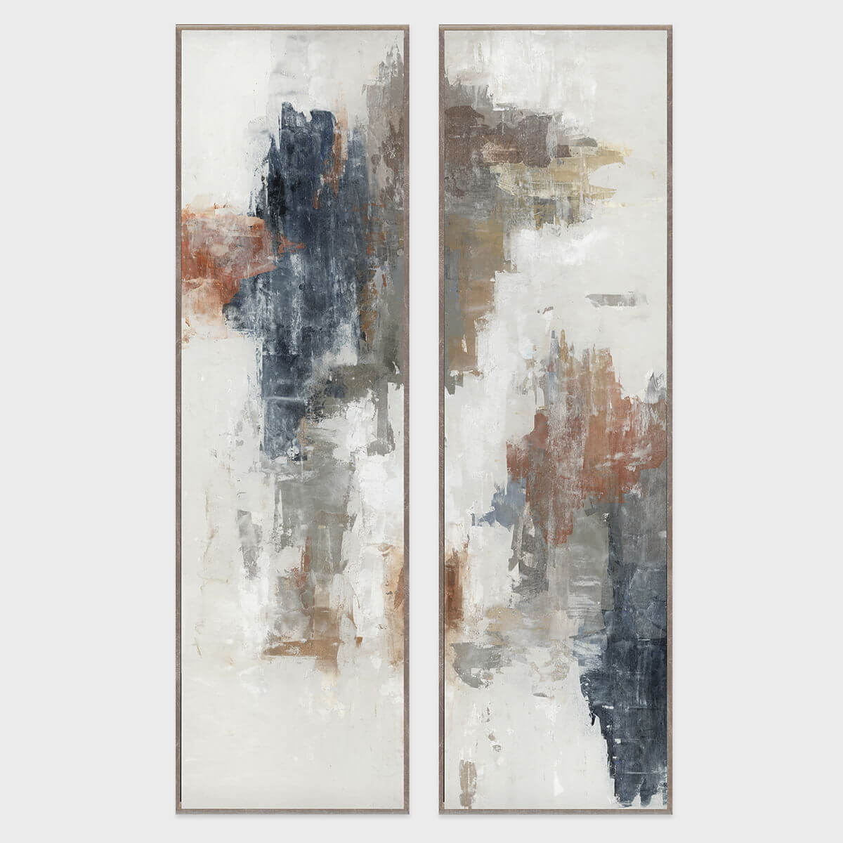 Two abstract art pieces with brown, blue, and white colors on a light gray background.
