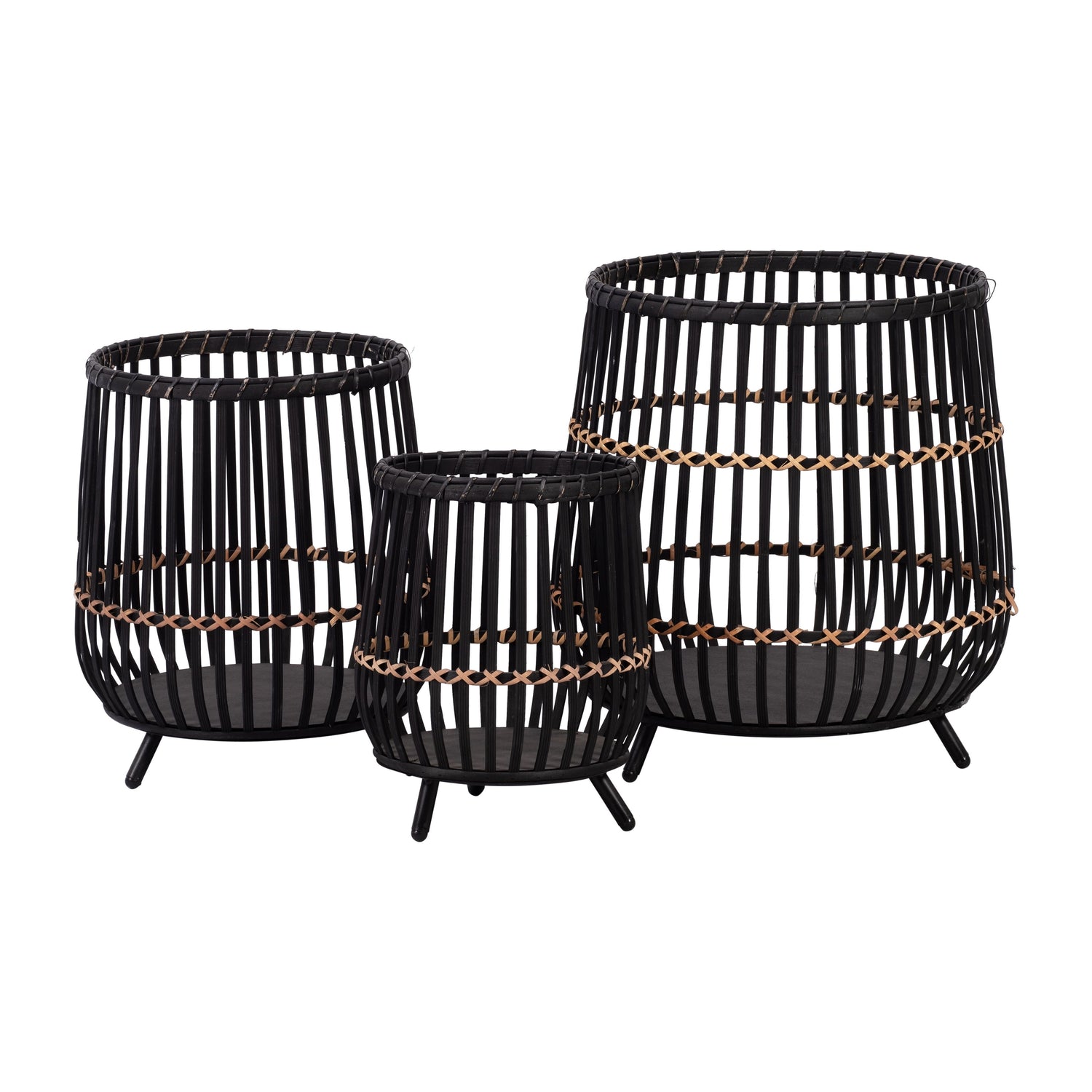 17" / 14" / 10" Bamboo Footed Planters (Set of 3) - Black