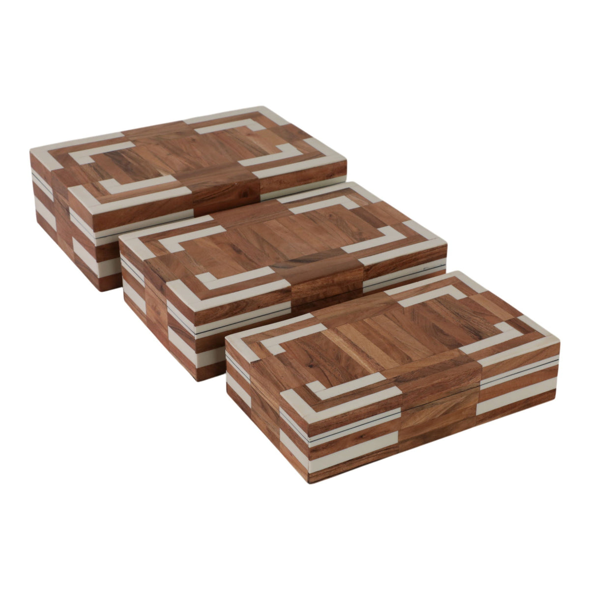 10" / 11" / 12" Wood Inlay Boxes (Set of 3) - Natural / Ivory