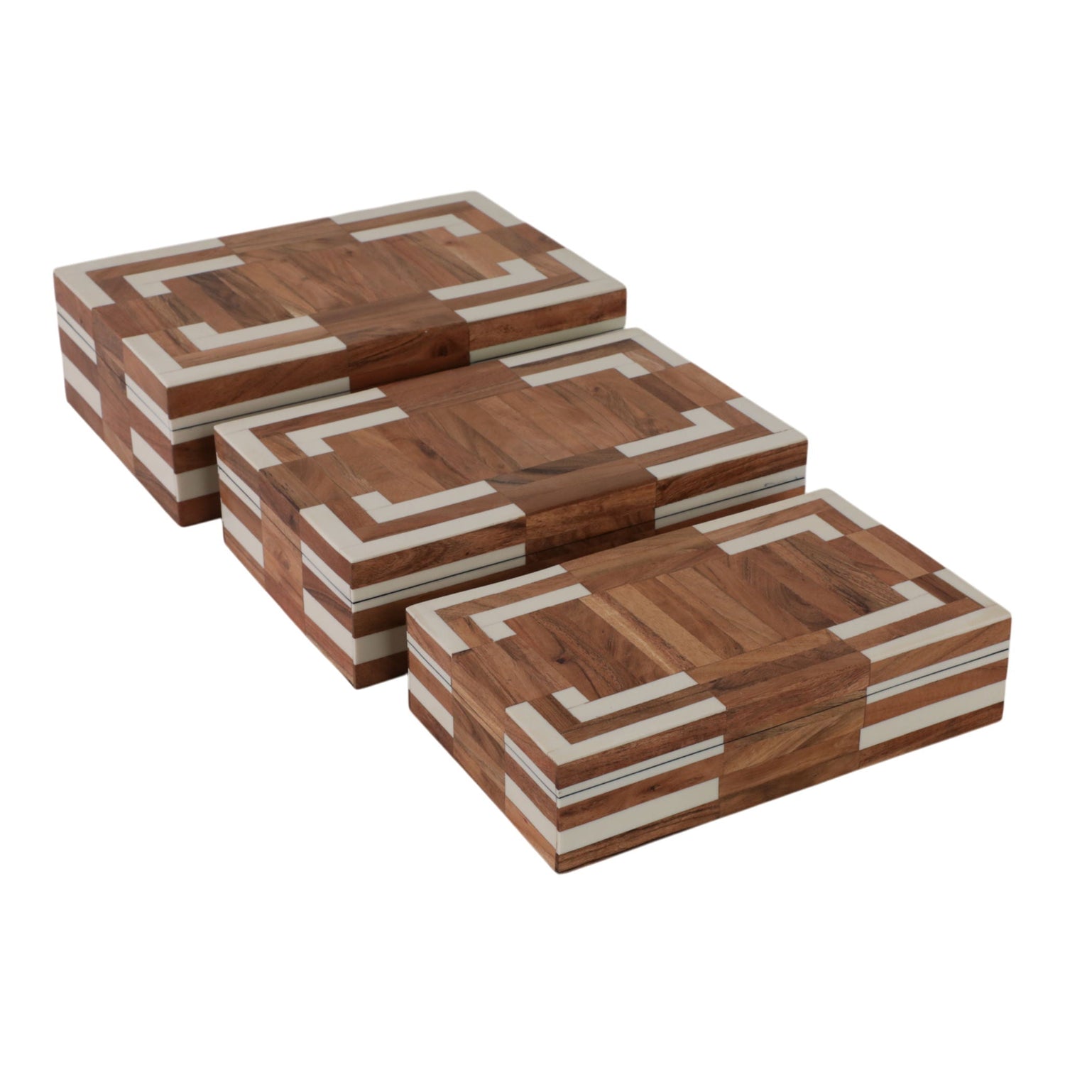 10" / 11" / 12" Wood Inlay Boxes (Set of 3) - Natural / Ivory