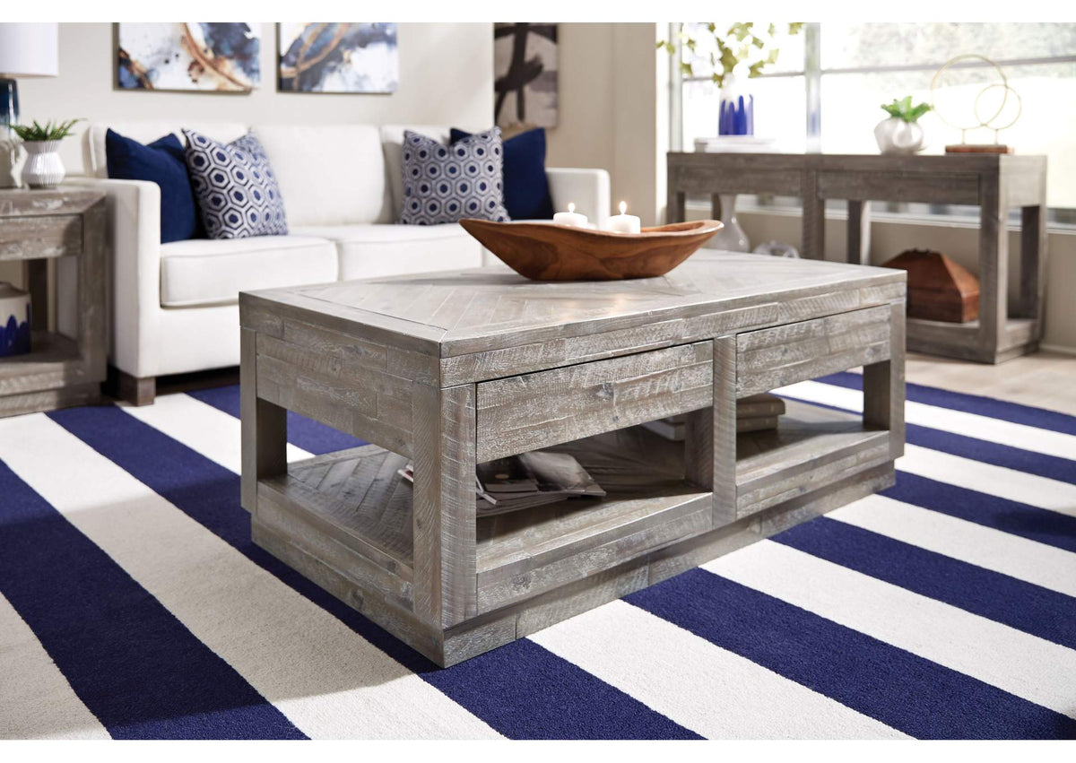 5QS321 Herringbone Solid Wood Two Drawer Coffee Table In Rustic Latte