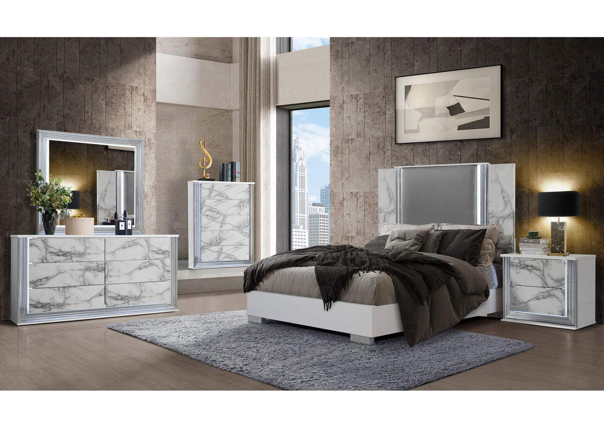 YLIME-WHITE_MARBLE-DR_MR_NS YLIME WHITE MARBLE DRESSER, MIRROR AND NIGHTSTAND