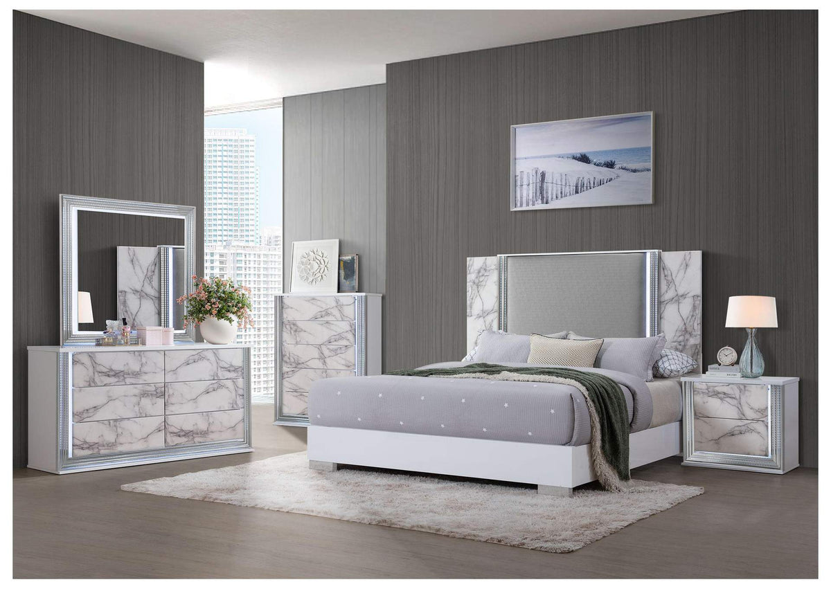 YLIME-WHITE_MARBLE-KB_DR_MR_NS-N YLIME WHITE MARBLE KING BED FULLY SLATTED, DRESSER, MIRROR, NIGHTSTAND
