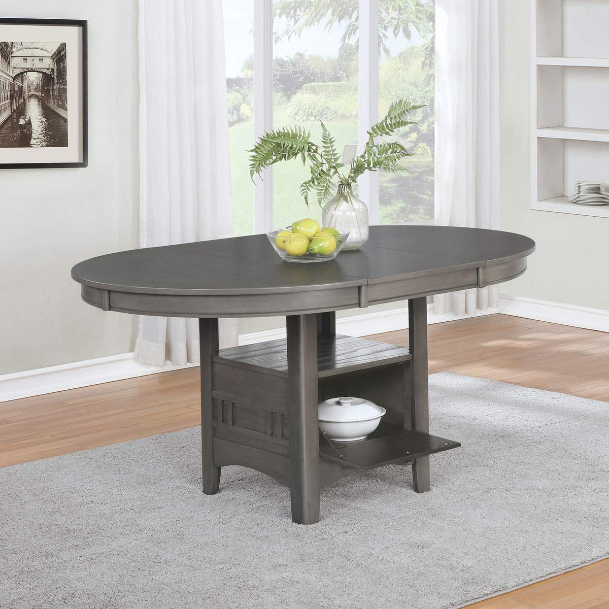108211 Lavon Oval 60-inch Wood Extension Leaf Dining Table Medium Grey