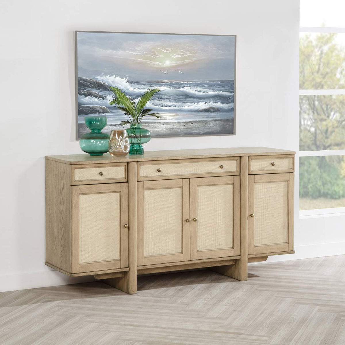109385 Kailani 4-door Cane Sideboard Buffet Cabinet Beige Oak