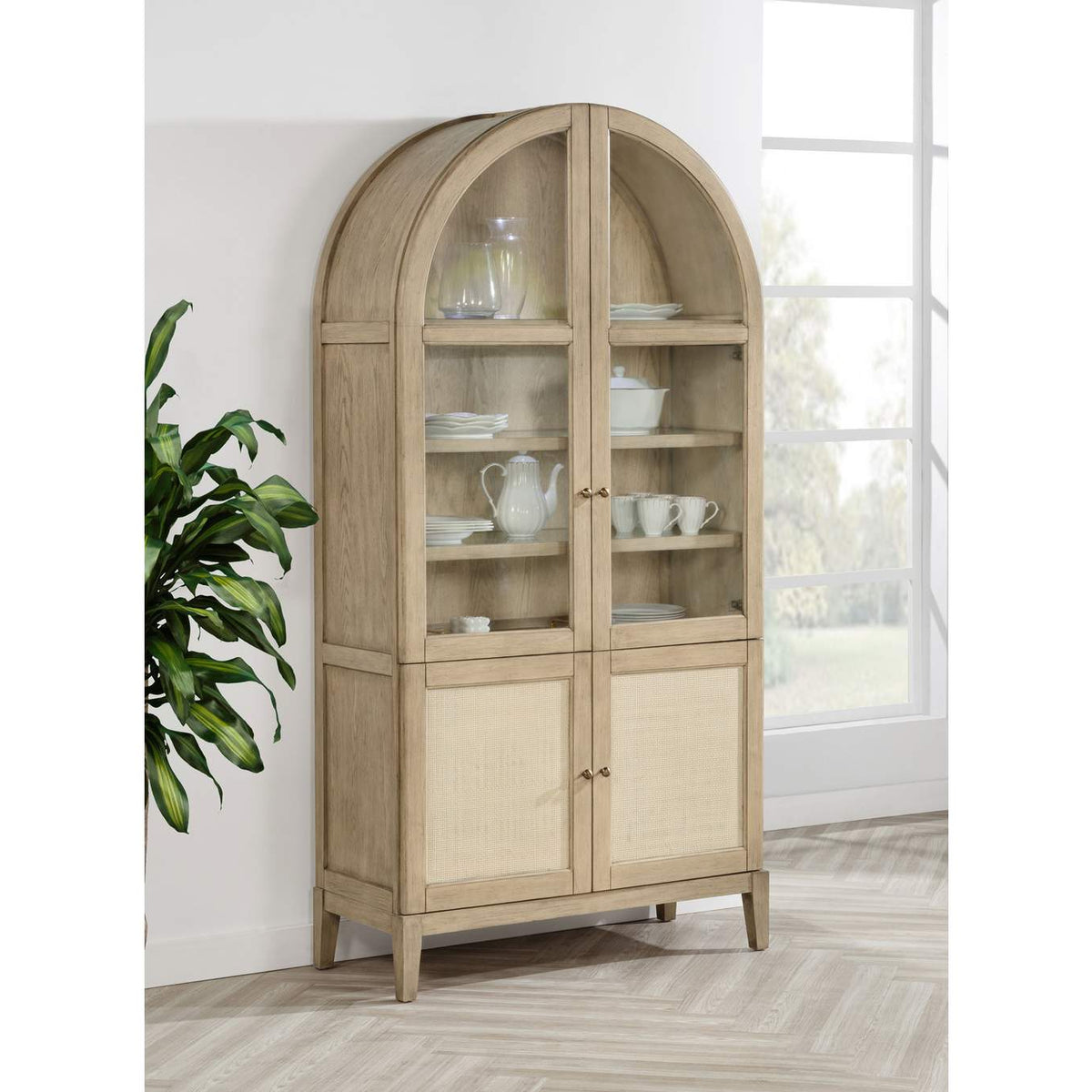 109386 Kailani 4-Door Cane Dining Vitrine Display Cabinet Beige Oak