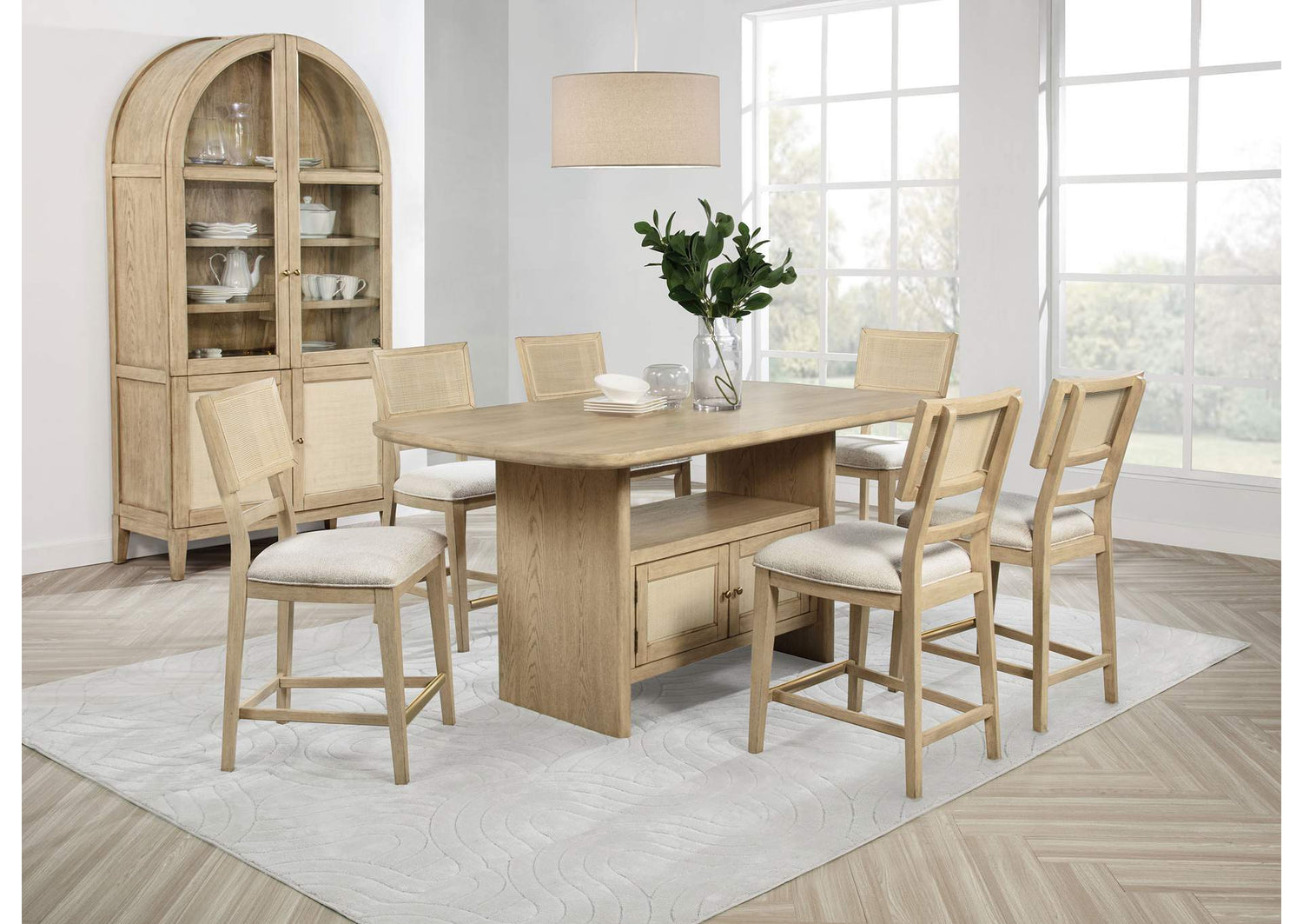109388-S8 Kailani 8-piece Counter Dining Set with Cabinet Beige Oak