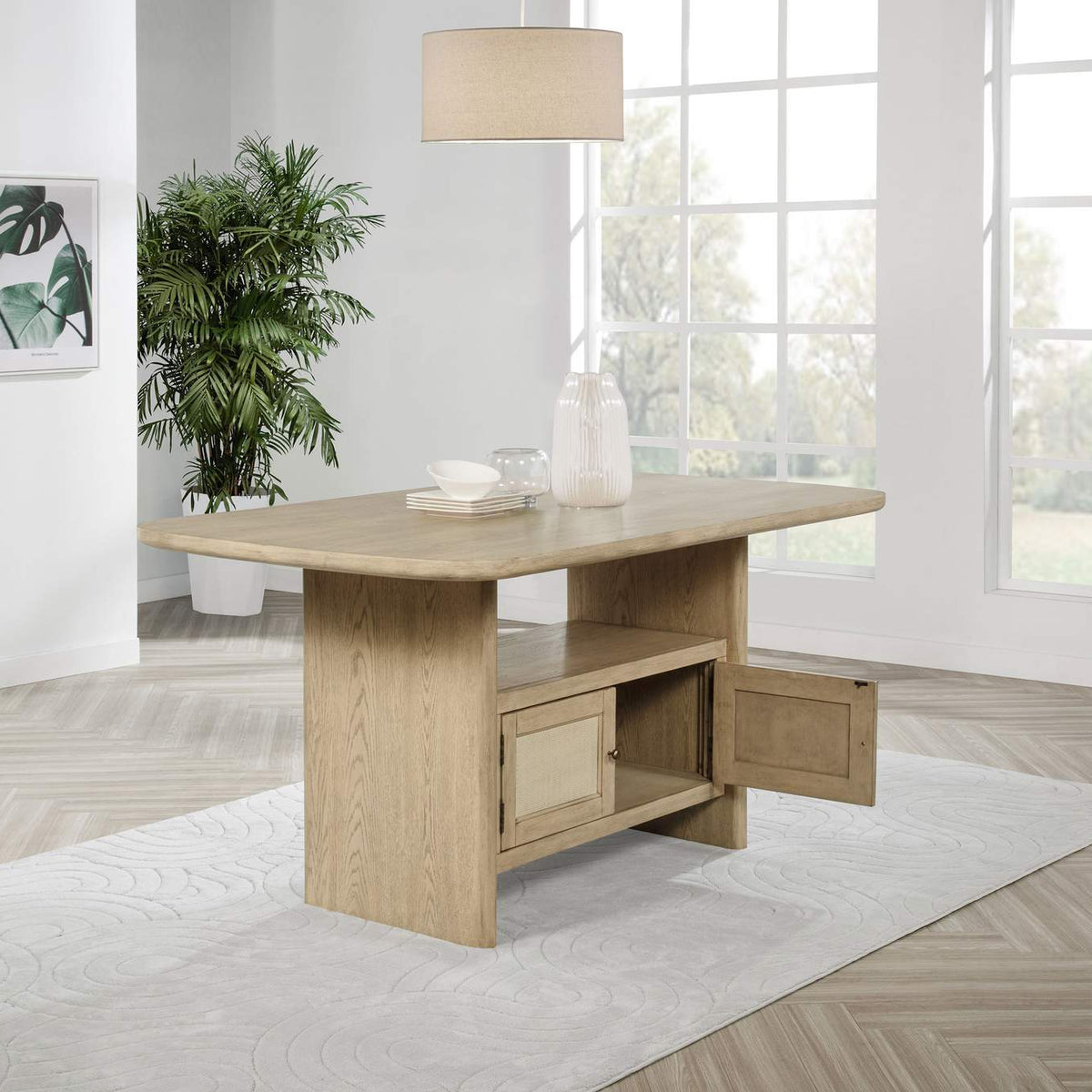 109388 Kailani Cane Counter Height Storage Dining Table Beige Oak