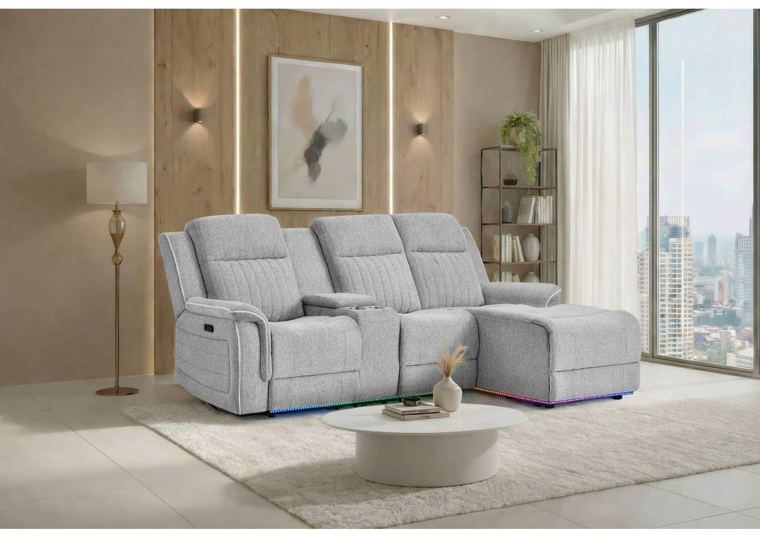 U8879-GRY_1-PB_SEC_W_LED&GL_SS_SPKR U8879 GREY 1 POWER PUSHBACK SECTIONAL WITH LED AND GLOBAL SS SPKR