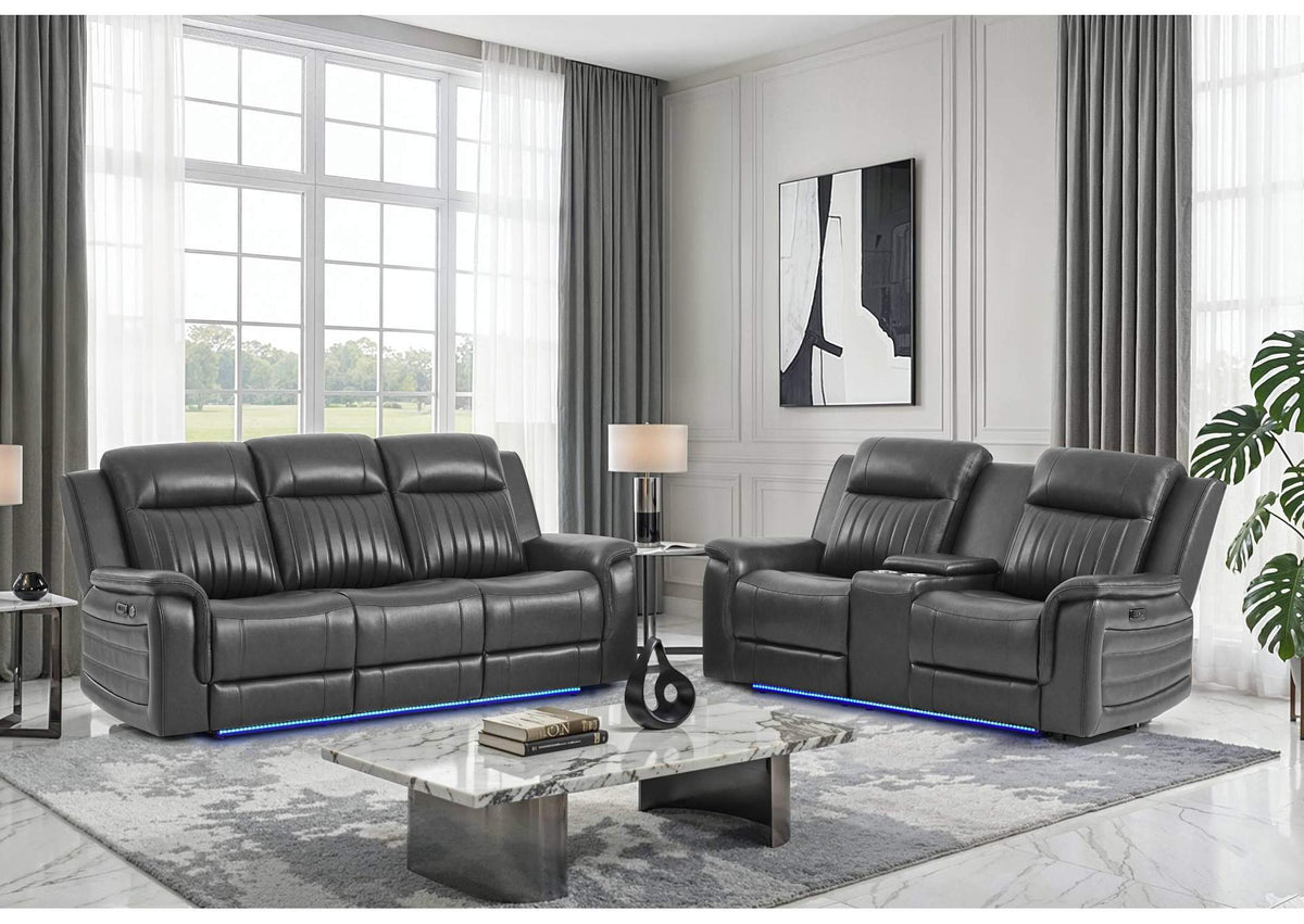 U8879-CHAR_W_BLK_WELT-PRS_PCRLS_W_LED&GL_SS U8879 CHARCOAL POWER REC SOFA - POWER CON REC LOVESEAT W - LED & GL SS