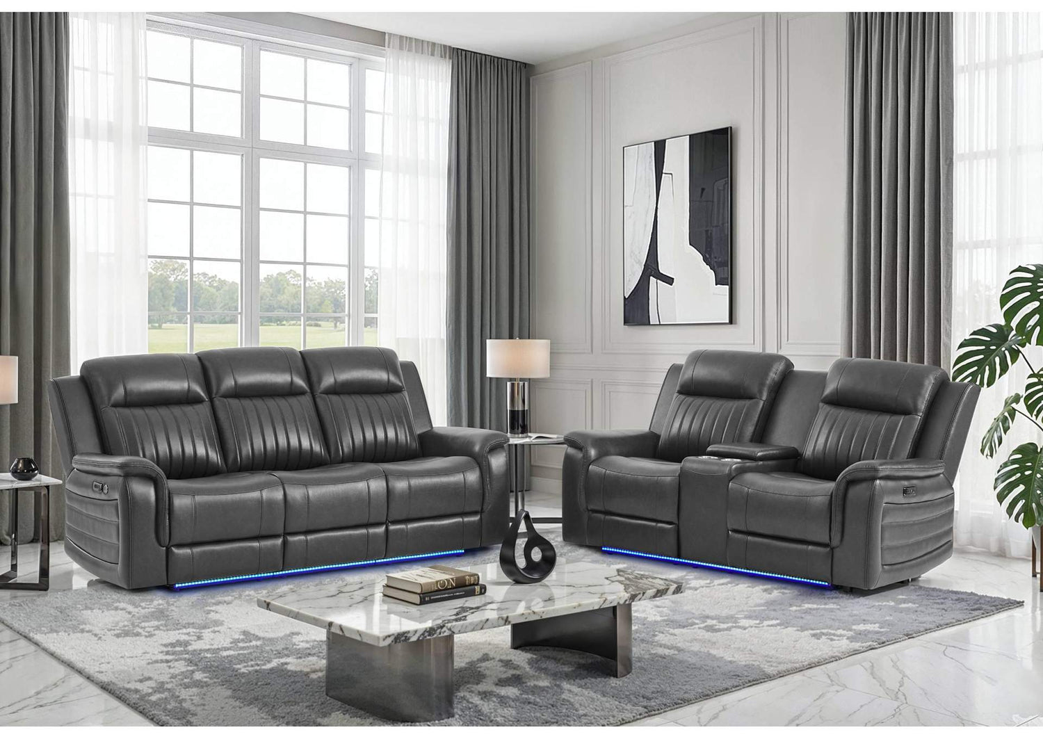 U8879-CHAR_W_BLK_WELT-PRS_PCRLS_W_LED&GL_SS U8879 CHARCOAL POWER REC SOFA - POWER CON REC LOVESEAT W - LED & GL SS