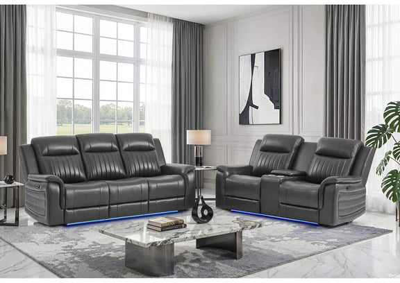 U8879-CHAR_W_BLK_WELT-PRS_PCRLS_W_LED&GL_SS U8879 CHARCOAL POWER REC SOFA - POWER CON REC LOVESEAT W - LED & GL SS