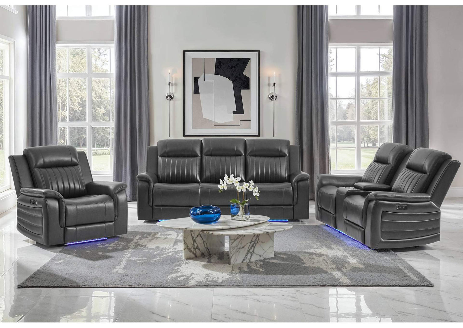 U8879-CHAR_W_BLK_WELT-PRS_PCRLS_PR_W_LED U8879 CHARCOAL POWER REC SOFA - POWER CON REC LOVESEAT - POWER REC W - LED & GL SS