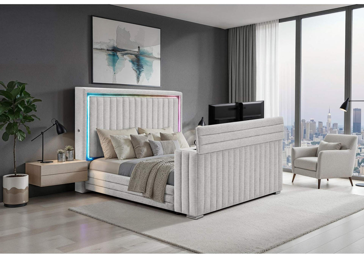 ELIAS-GREY-QB_W_IS_LED_TV_LIFT_FP ELIAS GREY QUEEN BED WITH IMMERSIVE SOUND SPEAKER, LED, TV LIFT & FP