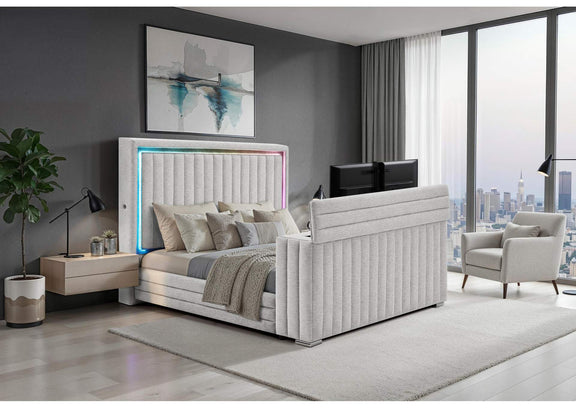 ELIAS-GREY-QB_W_IS_LED_TV_LIFT_FP ELIAS GREY QUEEN BED WITH IMMERSIVE SOUND SPEAKER, LED, TV LIFT & FP