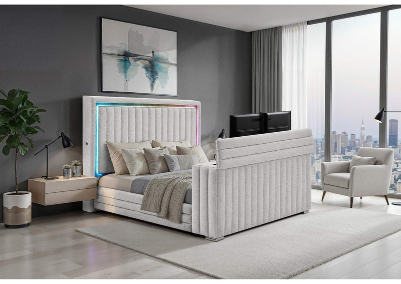 ELIAS-GREY-QB_W_IS_LED_TV_LIFT_FP ELIAS GREY QUEEN BED WITH IMMERSIVE SOUND SPEAKER, LED, TV LIFT & FP