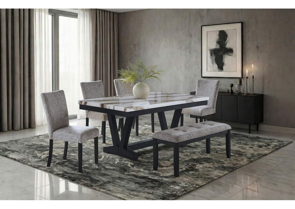 D1319DT_BLK_WHT+_4_D1319DC_LT_GREY+BN D1319 BLK - WHT DINING TABLE, 4 D1319 LT GREY DINING CHAIRS & D1319 LT GREY BENCH