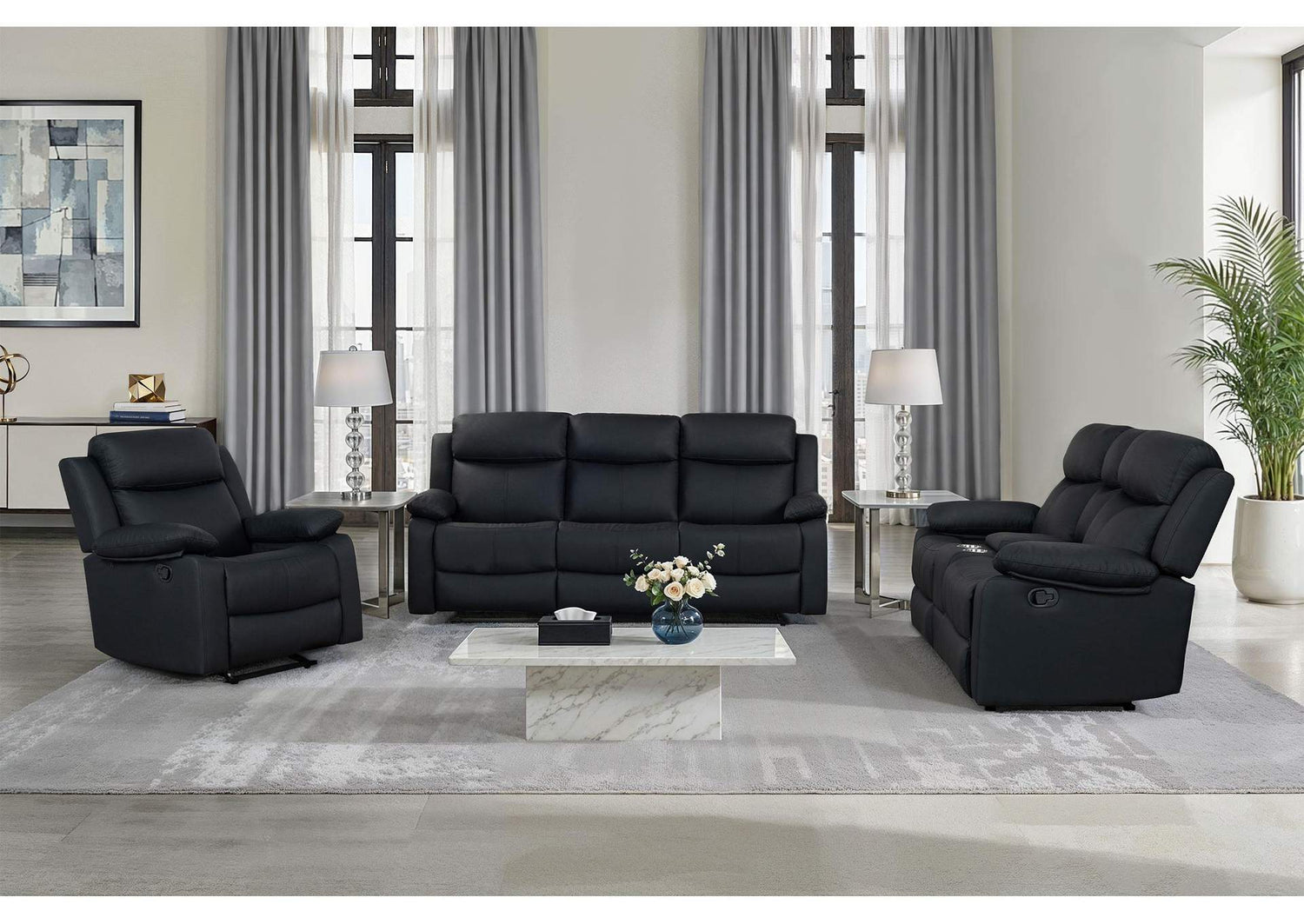 U6026-BLACK_PU_72A-RS_CRLS_W_LED_&_SPKR U6026 BLACK POLYURETHANE 72A REC SOFA - CONSOLE REC LOVESEAT W - LED & SPEAKER
