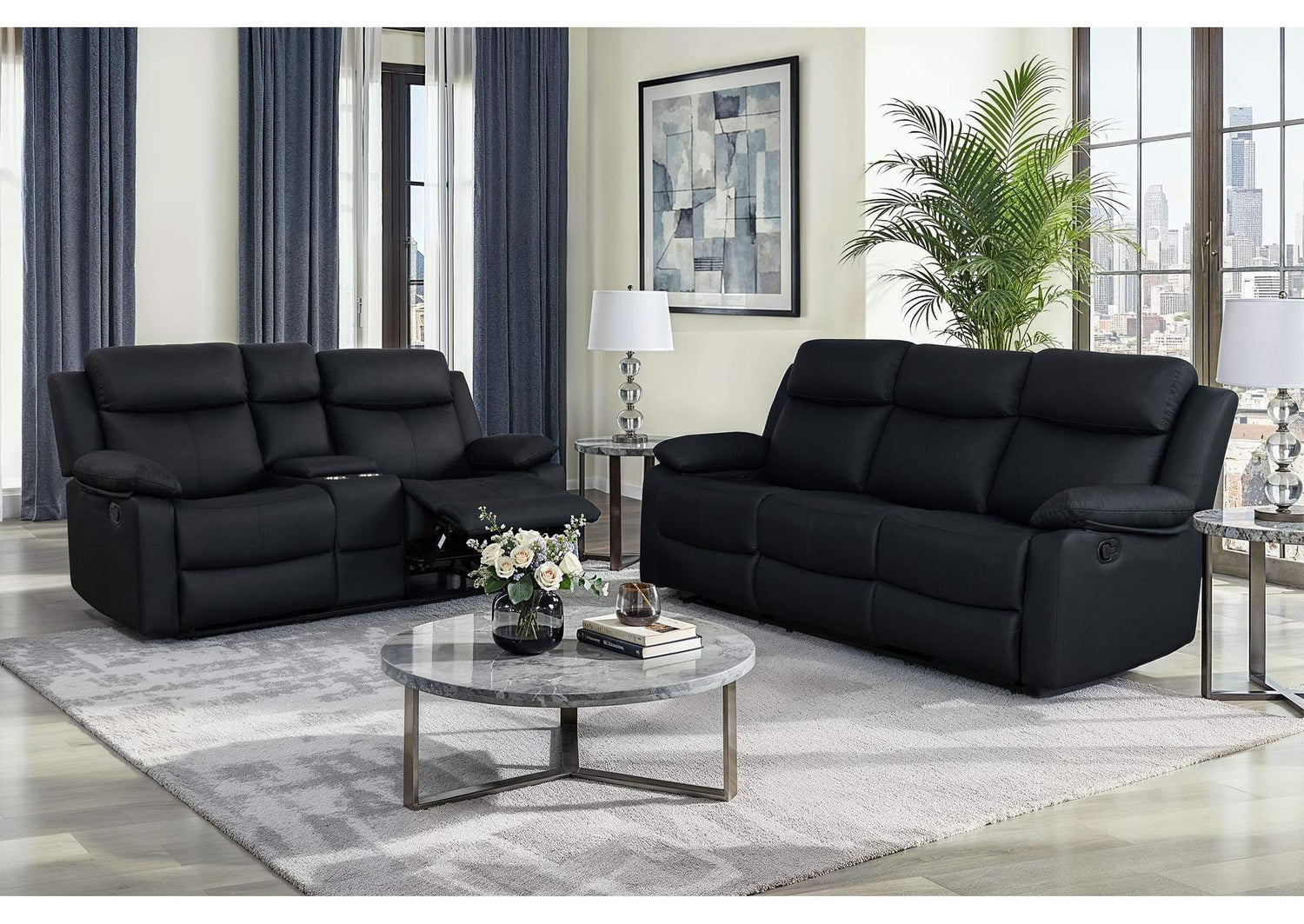 U6026-BLACK_PU_72A-RS_CRLS_W_LED&SPKR_GR U6026 BLACK POLYURETHANE 72A REC SOFA - CONSOLE REC LOVESEAT W - LED & SPEAKER - REC
