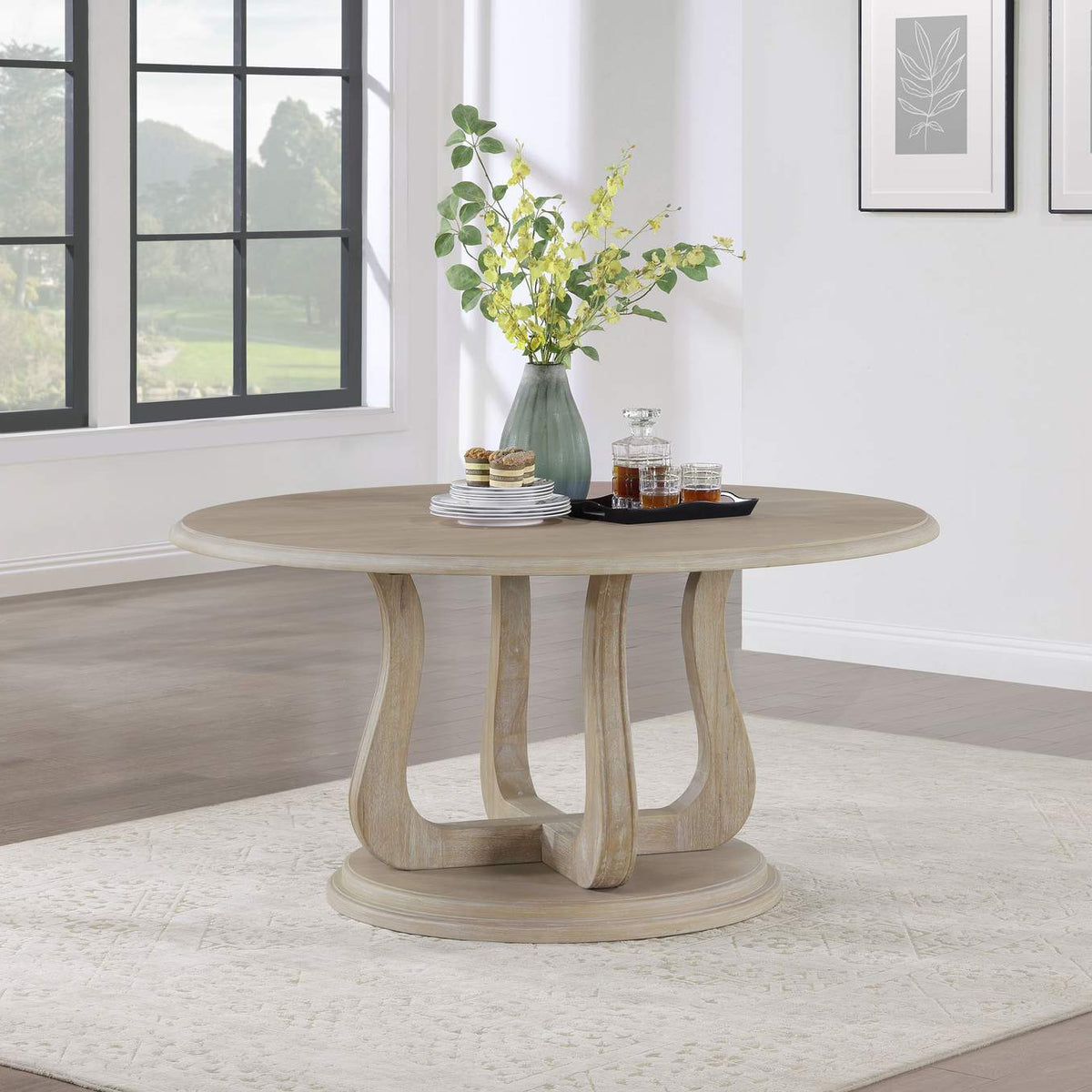 123120 Trofello Round 60-inch Pedestal Dining Table White Washed