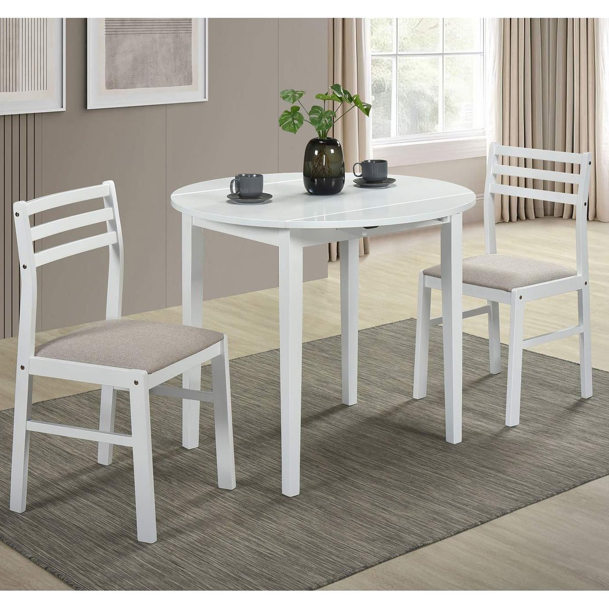 130005WHT Bucknell 3-piece Round Drop Leaf Dining Table Set White