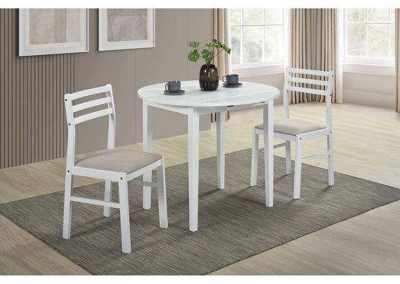 130005WHT Bucknell 3-piece Round Drop Leaf Dining Table Set White