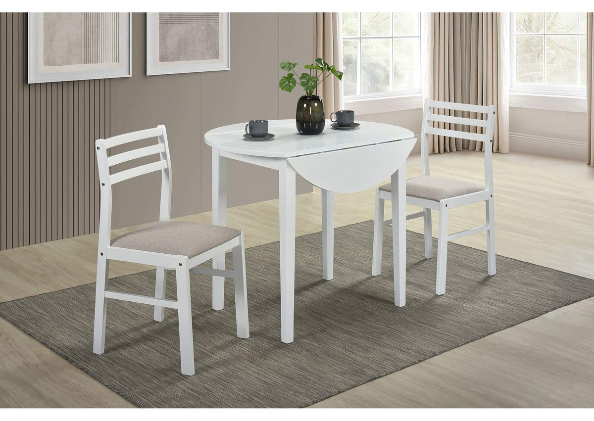 130005WHT Bucknell 3-piece Round Drop Leaf Dining Table Set White