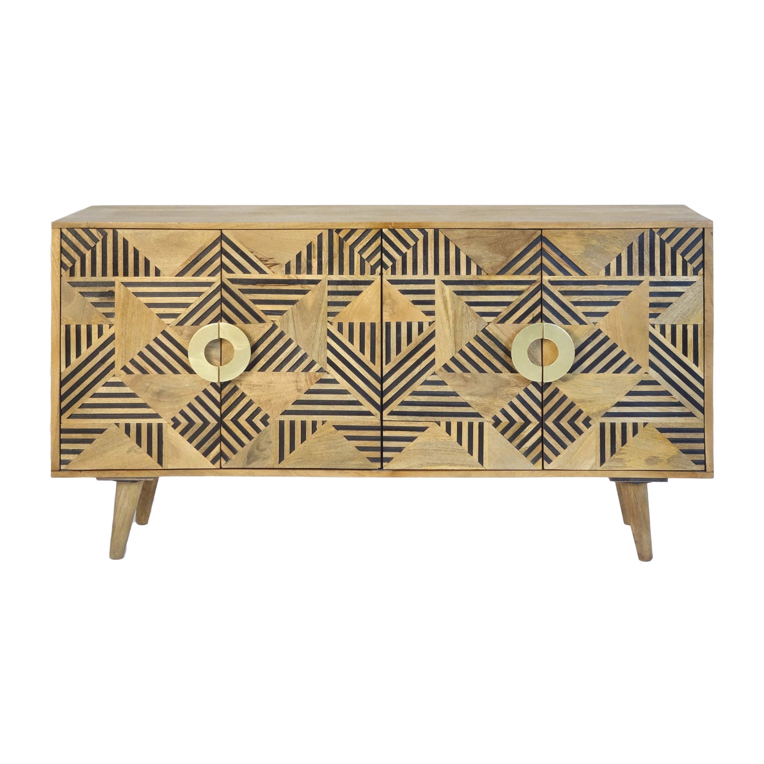 Wood Herringbone 4-Door Sideboard 60" - Brown / Black
