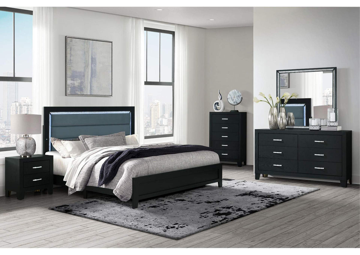 REID-BLACK-KB_DR_MR_NS-N REID BLACK KING BED DRESSER MIRROR NIGHTSTAND