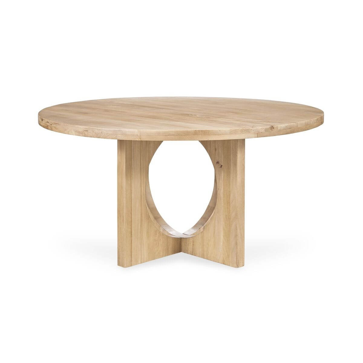 Wooden dining table with unique base design on a white background