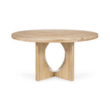 Wooden dining table with unique base design on a white background