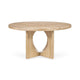 Wooden dining table with unique base design on a white background