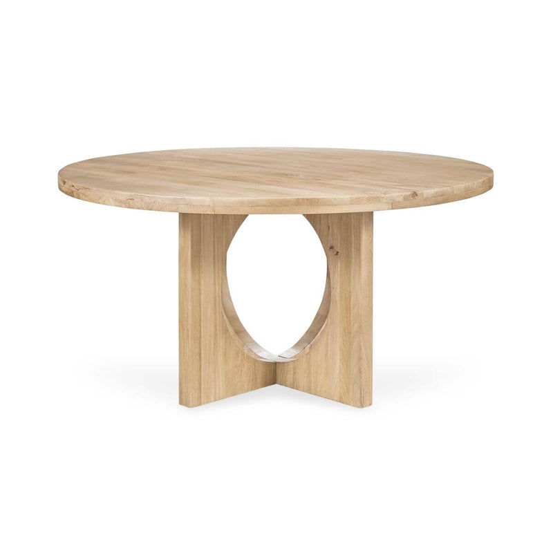 Wooden dining table with unique base design on a white background
