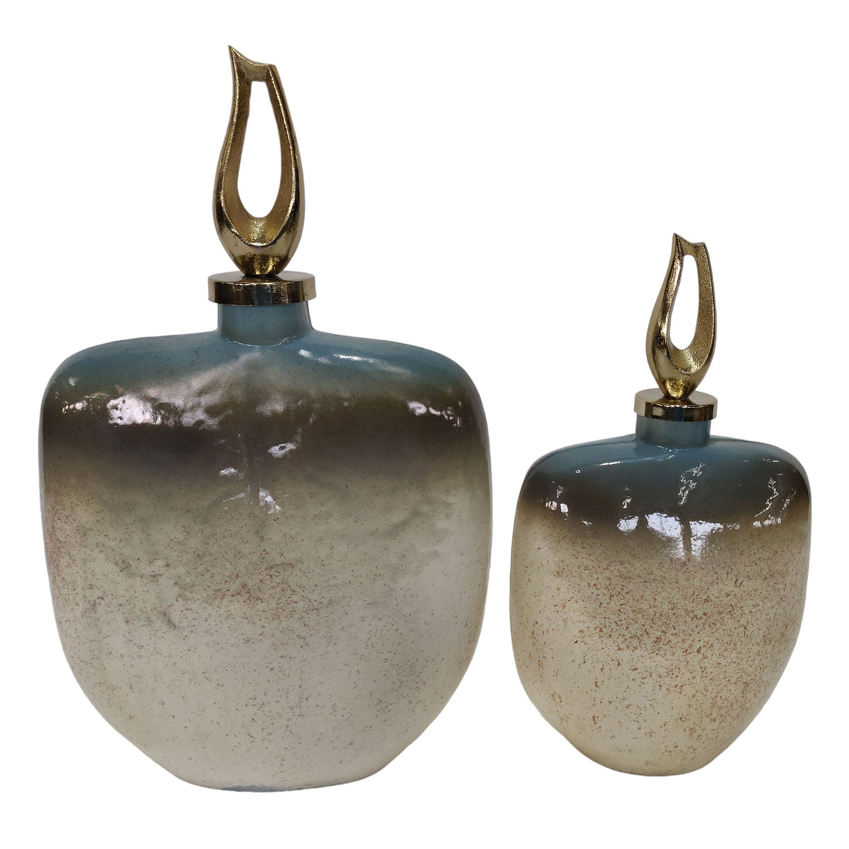 Ashford Glass Bottles With Metal Topper 15/18" (Set of 2) - Blue