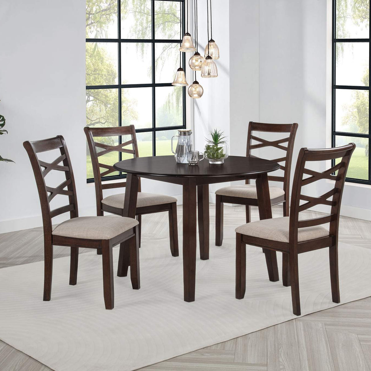 150340 Barton 5-piece Round Wood Dining Table Set Dark Brown