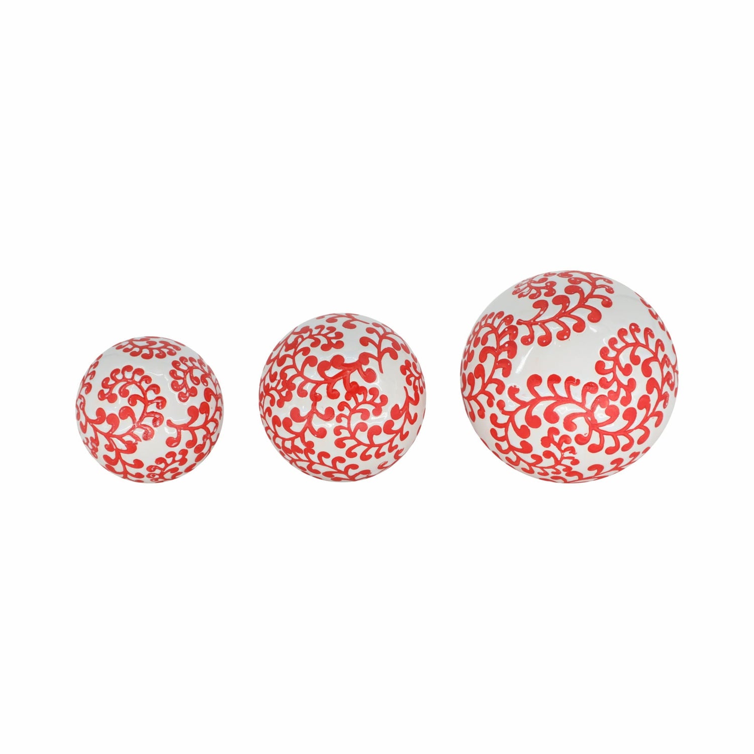 4" / 5" / 6" Ceramic Fern Orbs (Set of 3) - White / Red